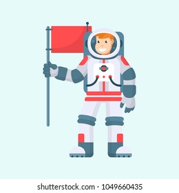 Vector cartoon smiling astronaut holds red flag in hand, isolated on blue background. Spaceman in helmet and spacesuit, male cosmonaut character, space explorer or pilot, illustration in flat style