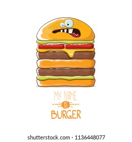 vector cartoon smiling big burger character with cheese, meat and salad icon isolated on white background. my name is burger vector concept illustration