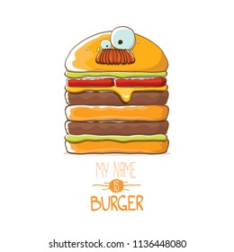 vector cartoon smiling big burger character with cheese, meat and salad icon isolated on white background. my name is burger vector concept illustration