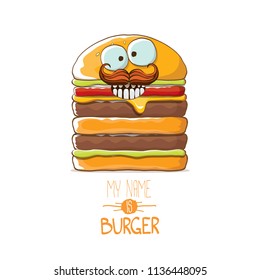 vector cartoon smiling big burger character with cheese, meat and salad icon isolated on white background. my name is burger vector concept illustration