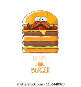 vector cartoon smiling big burger character with cheese, meat and salad icon isolated on white background. my name is burger vector concept illustration