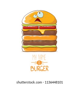 vector cartoon smiling big burger character with cheese, meat and salad icon isolated on white background. my name is burger vector concept illustration