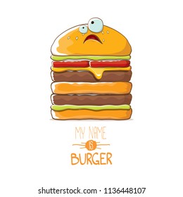 vector cartoon smiling big burger character with cheese, meat and salad icon isolated on white background. my name is burger vector concept illustration