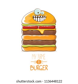 vector cartoon smiling big burger character with cheese, meat and salad icon isolated on white background. my name is burger vector concept illustration