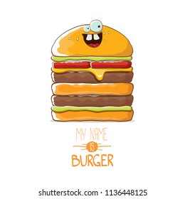 vector cartoon smiling big burger character with cheese, meat and salad icon isolated on white background. my name is burger vector concept illustration