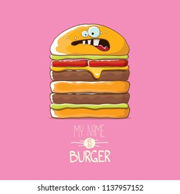 vector cartoon smiling big burger character with cheese, meat and salad icon isolated on pink background. my name is burger vector concept illustration