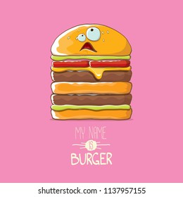 vector cartoon smiling big burger character with cheese, meat and salad icon isolated on pink background. my name is burger vector concept illustration