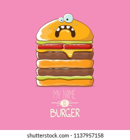 vector cartoon smiling big burger character with cheese, meat and salad icon isolated on pink background. my name is burger vector concept illustration