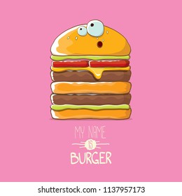 vector cartoon smiling big burger character with cheese, meat and salad icon isolated on pink background. my name is burger vector concept illustration
