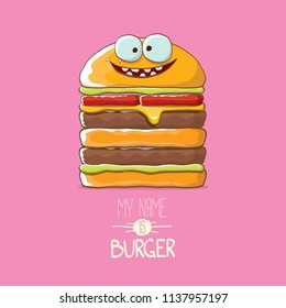 vector cartoon smiling big burger character with cheese, meat and salad icon isolated on pink background. my name is burger vector concept illustration