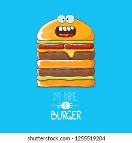vector cartoon smiling big burger character with cheese, meat and salad icon isolated on blue background. my name is burger vector concept illustration
