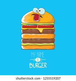 vector cartoon smiling big burger character with cheese, meat and salad icon isolated on blue background. my name is burger vector concept illustration