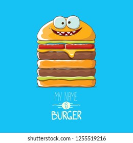 vector cartoon smiling big burger character with cheese, meat and salad icon isolated on blue background. my name is burger vector concept illustration