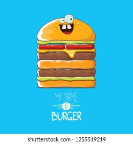 vector cartoon smiling big burger character with cheese, meat and salad icon isolated on blue background. my name is burger vector concept illustration