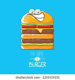 vector cartoon smiling big burger character with cheese, meat and salad icon isolated on blue background. my name is burger vector concept illustration