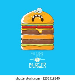 vector cartoon smiling big burger character with cheese, meat and salad icon isolated on blue background. my name is burger vector concept illustration