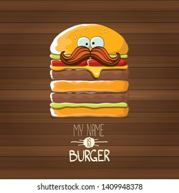 vector cartoon smiling big burger character with cheese, meat and salad icon isolated on wooden background. my name is burger vector concept illustration