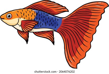 Vector Cartoon Smiling Blue Orange Guppy Fish