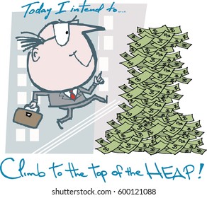 Vector cartoon of smiling business executive climbing pile of money