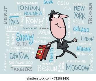 Vector cartoon of smiling business man with travel place name background.