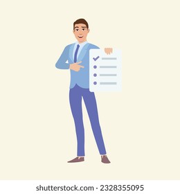 Vector Cartoon Smiling Businessman Pointing to Checklist.