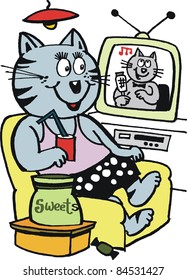 Vector cartoon of smiling cat watching television.