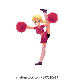 vector cartoon smiling cheerleader blond girl character dancing with pom-poms doing splits. Isolated illustration ona white background.