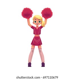 vector cartoon smiling cheerleader blond girl character dancing with pom-poms raising hands up. Isolated illustration ona white background.