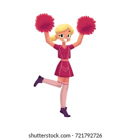 vector cartoon smiling cheerleader blond girl character dancing with pom-poms raising hands up. Isolated illustration ona white background.