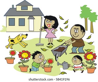 Vector cartoon of smiling family enjoying working outdoors in garden.