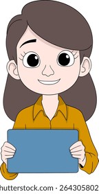 Vector cartoon of a smiling female marketing or sales team member holding a digital tablet, wearing a mustard yellow shirt