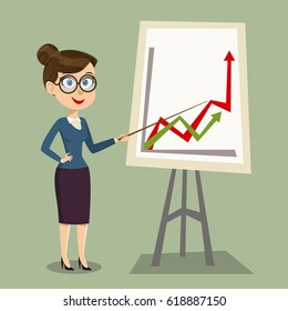 Vector cartoon smiling female teacher with pointer on lesson at blackboard in classroom, showing on board. Design template in EPS10.