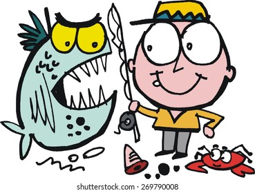 Vector cartoon of smiling fisherman with large fierce fish.