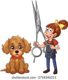 Vector de dibujos animados de peluquero sonriente con tijeras de gran tamaño al lado de lindo cachorro marrón, fondo blanco