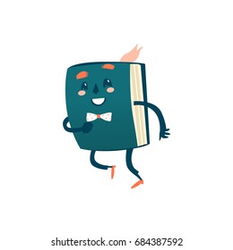 Vector cartoon smiling happy humanized book with arms and face emotions. Happy ,smiling character dashing. Flat isolated illustration on a white background. Back to school concept