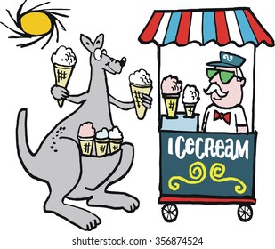 Vector cartoon of smiling kangaroo buying ice cream from stall vendor on hot day. 