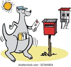 Vector cartoon of smiling kangaroo delivering old fashioned mail to letterbox. 