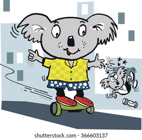 Vector cartoon of smiling koala bear balancing on hover board. 