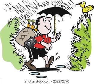 Vector cartoon of smiling man hiking in forest with umbrella