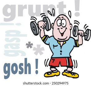 Vector cartoon of smiling man lifting weights.