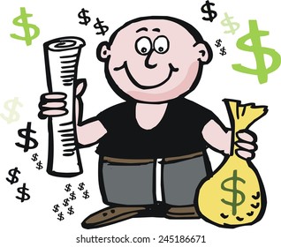 Vector cartoon of smiling man with money and newspaper