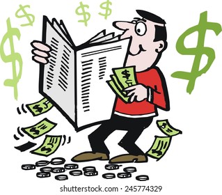 Vector cartoon of smiling man reading newspaper with dollar signs