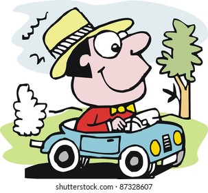 Vector cartoon of smiling motorist in automobile