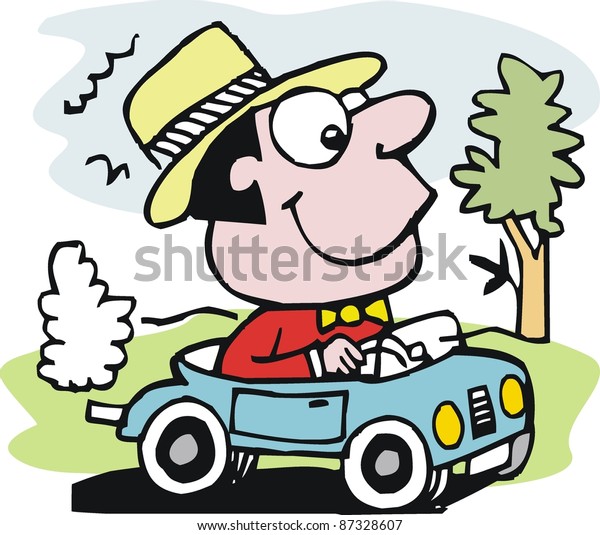 Vector cartoon\
of smiling motorist in\
automobile