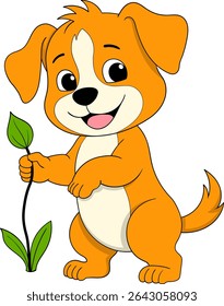 Vector cartoon of a smiling orange puppy holding a green leaf in one paw and standing upright