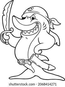 Vector Cartoon Smiling Pirate Shark With Sabre Sword Line Art