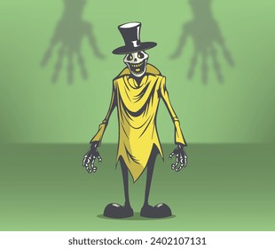 Vector una caricatura que sonríe un esqueleto aterrador con trapos y sombrero amarillos. En un fondo verde con sombras. Espantapájaros muertos.