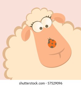 Vector cartoon smiling sheep with ladybird