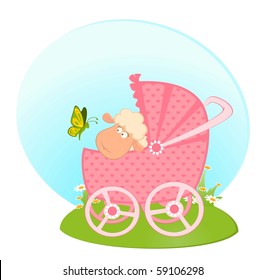 Vector Cartoon smiling sheep with scribble baby carriage