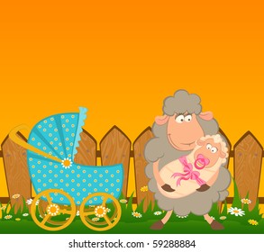 Vector Cartoon smiling sheep with scribble baby carriage